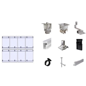 SolMount Montageset für 8 Solarmodule auf Schrägdach, Aluminium natur, verschiedene Bauteile.
