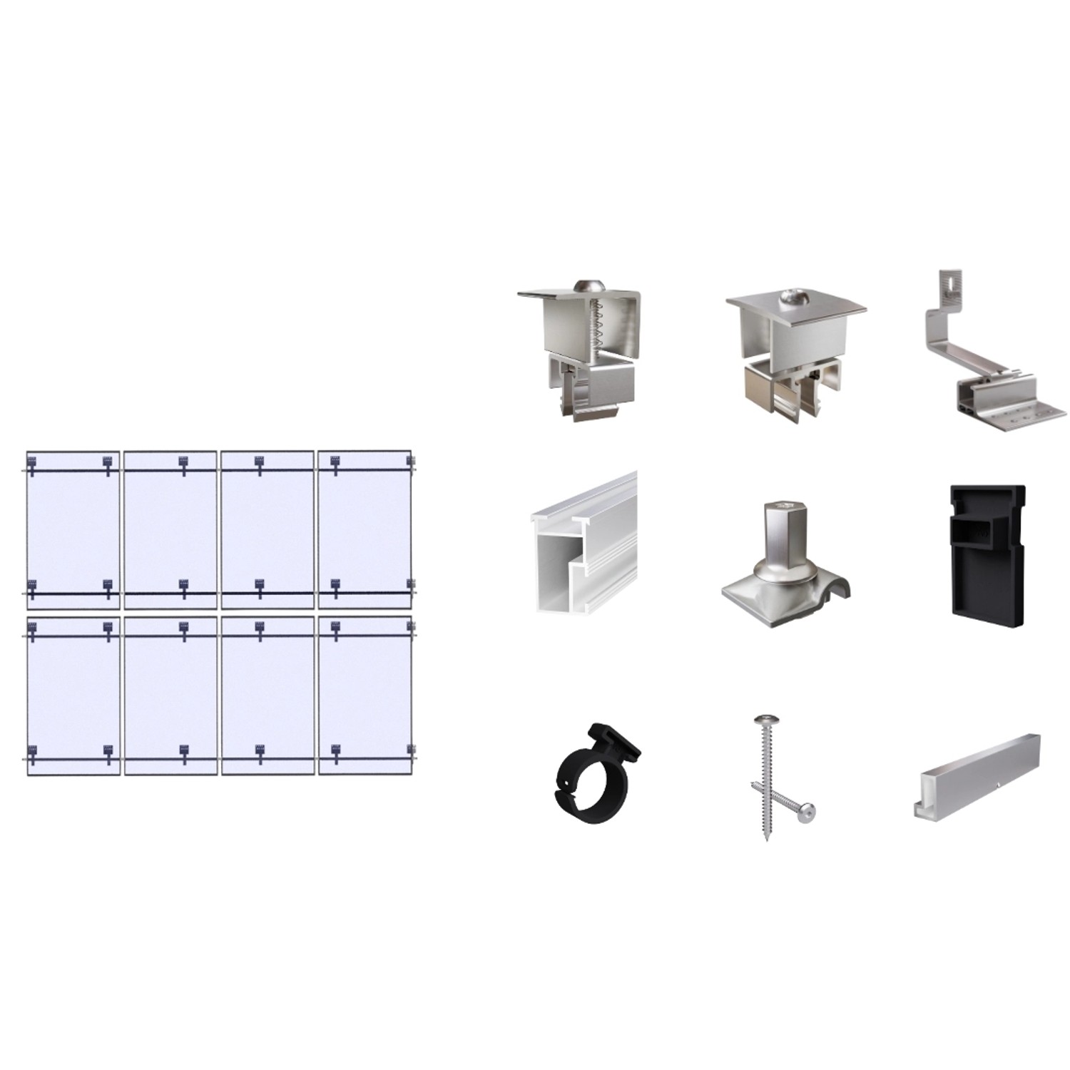 SolMount Montageset Schrägdach 8 Module Anordnung 4 Module nebeneinander und 2 Module untereinander Aluminium Natur