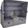 Anthrazitfarbene Garden Pleasure Relax-Lounge Saint-Tropez mit Sonnendach, Tisch und Hockern.