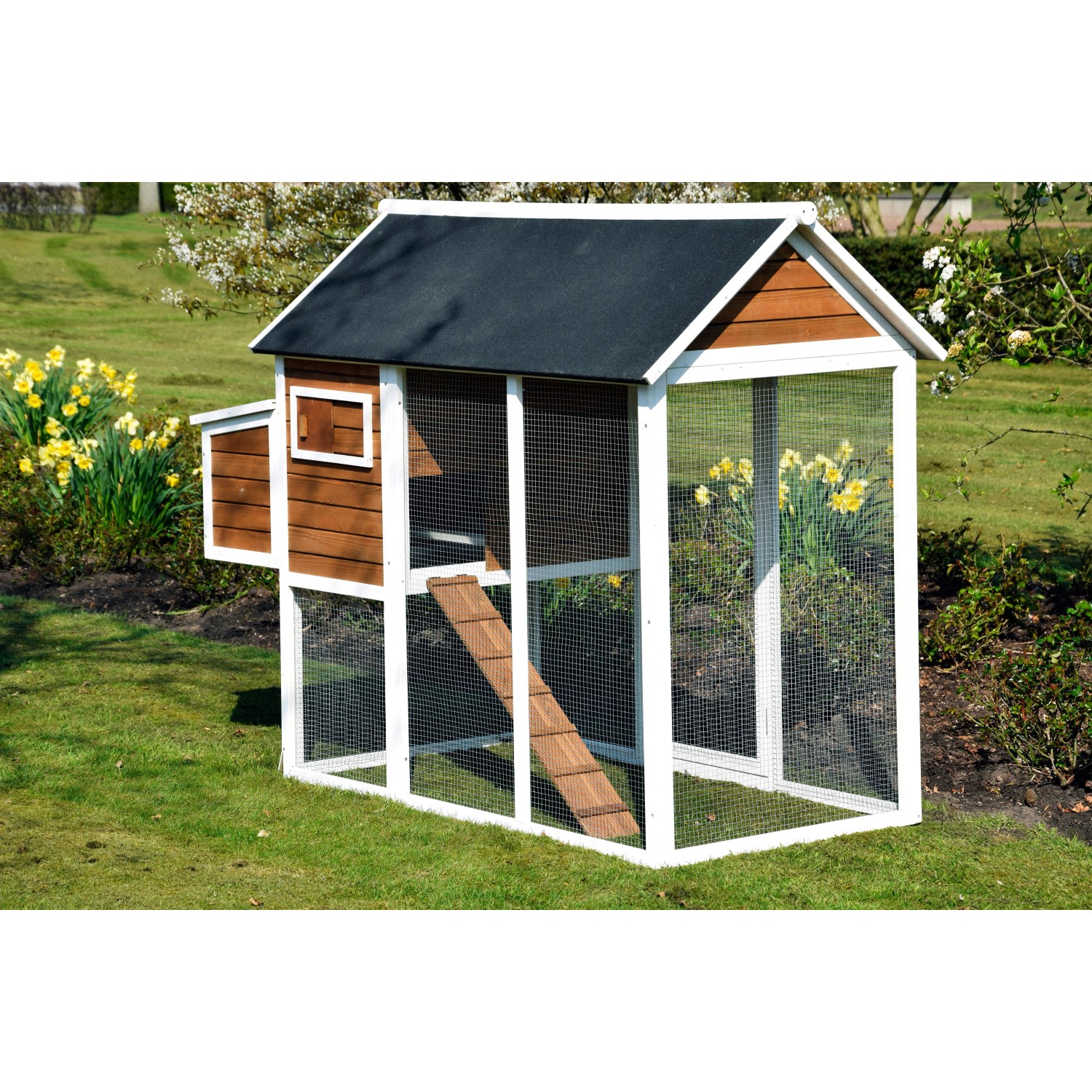 Hühnerstall XL mit Freigehege aus FSC®-Holz, 180x90x145cm, für Hühner und Kleintiere geeignet.