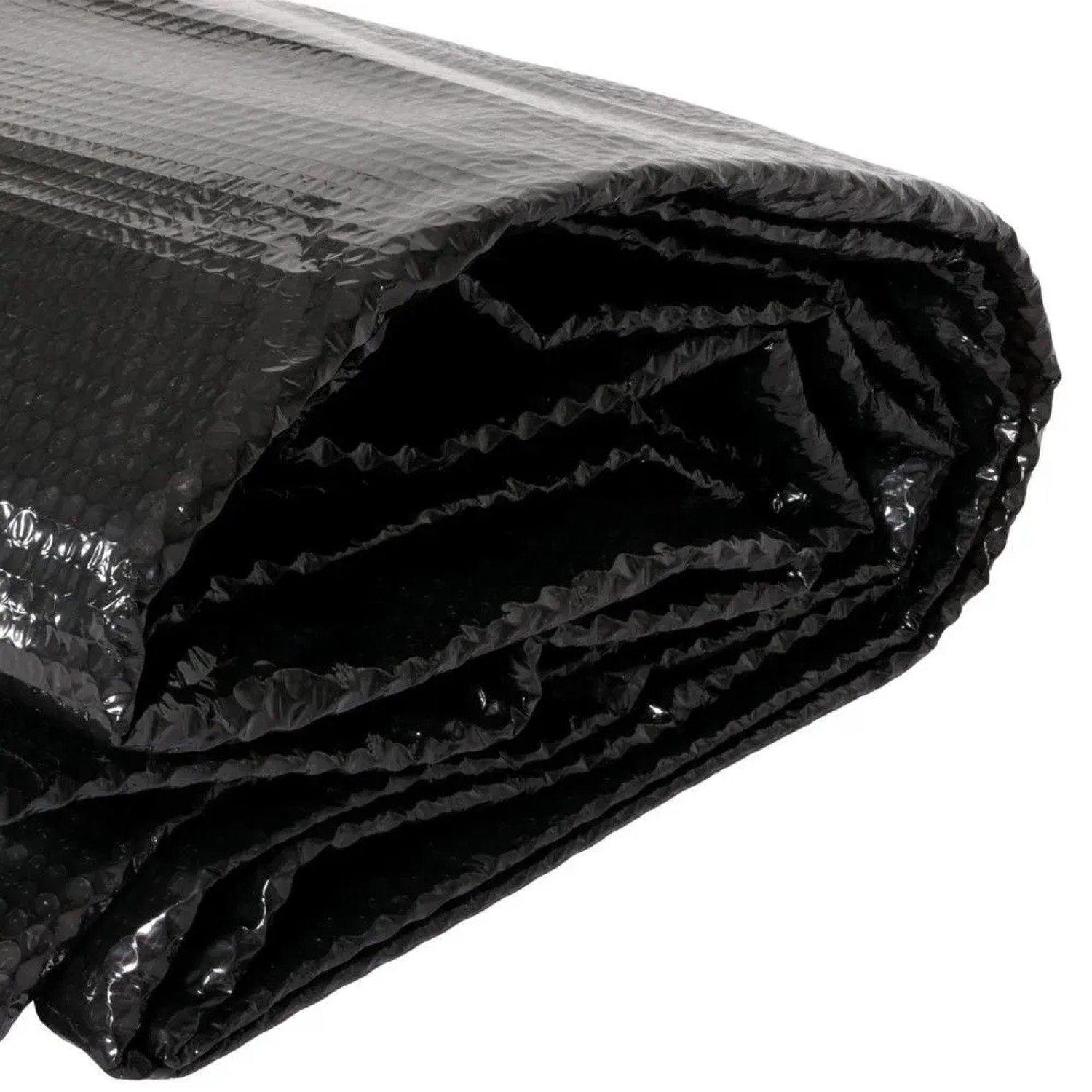 Schwarze, gefaltete Pool-Abdeckung aus PE-Folie, 400 µm, mit wärmeisolierender Blasenstruktur.