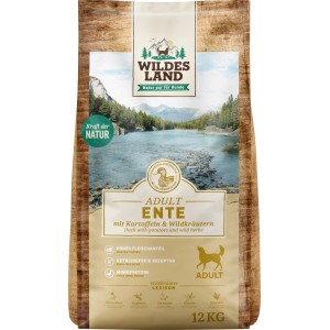 Wildes Land Hunde-Trockenfutter Ente, Kartoffel, Wildkräuter, 12kg Sack.