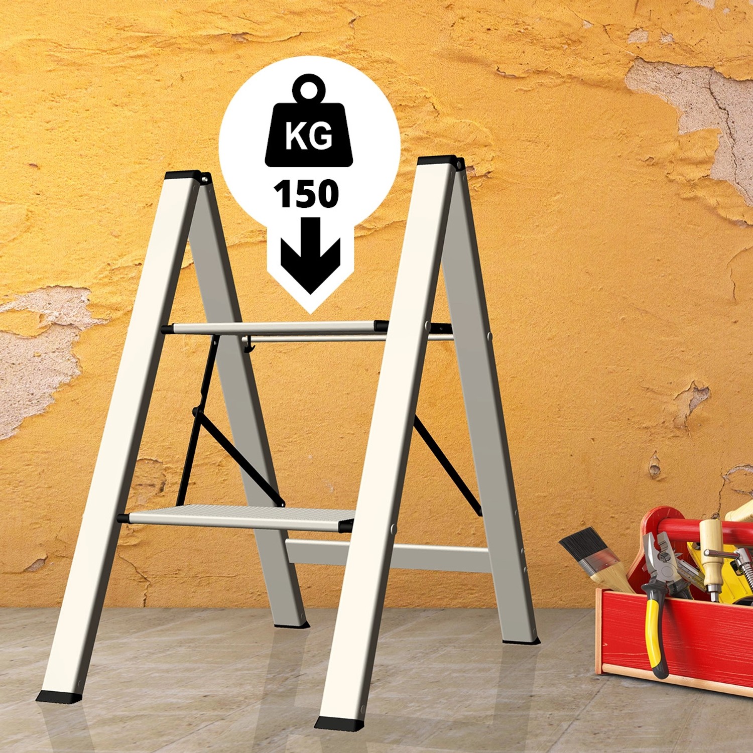 Mephisto Aluminium Klappleiter mit 3 Stufen, max. 150 kg Tragkraft. Haushaltsleiter für Innenräume.