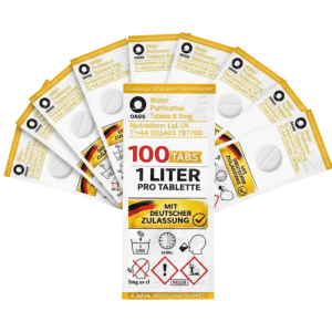 JUNG Oasis Wasseraufbereitung Tabletten, 100x 8,5mg, für 1L pro Tablette. Ideal für Camping & Outdoor Trinkwasser.