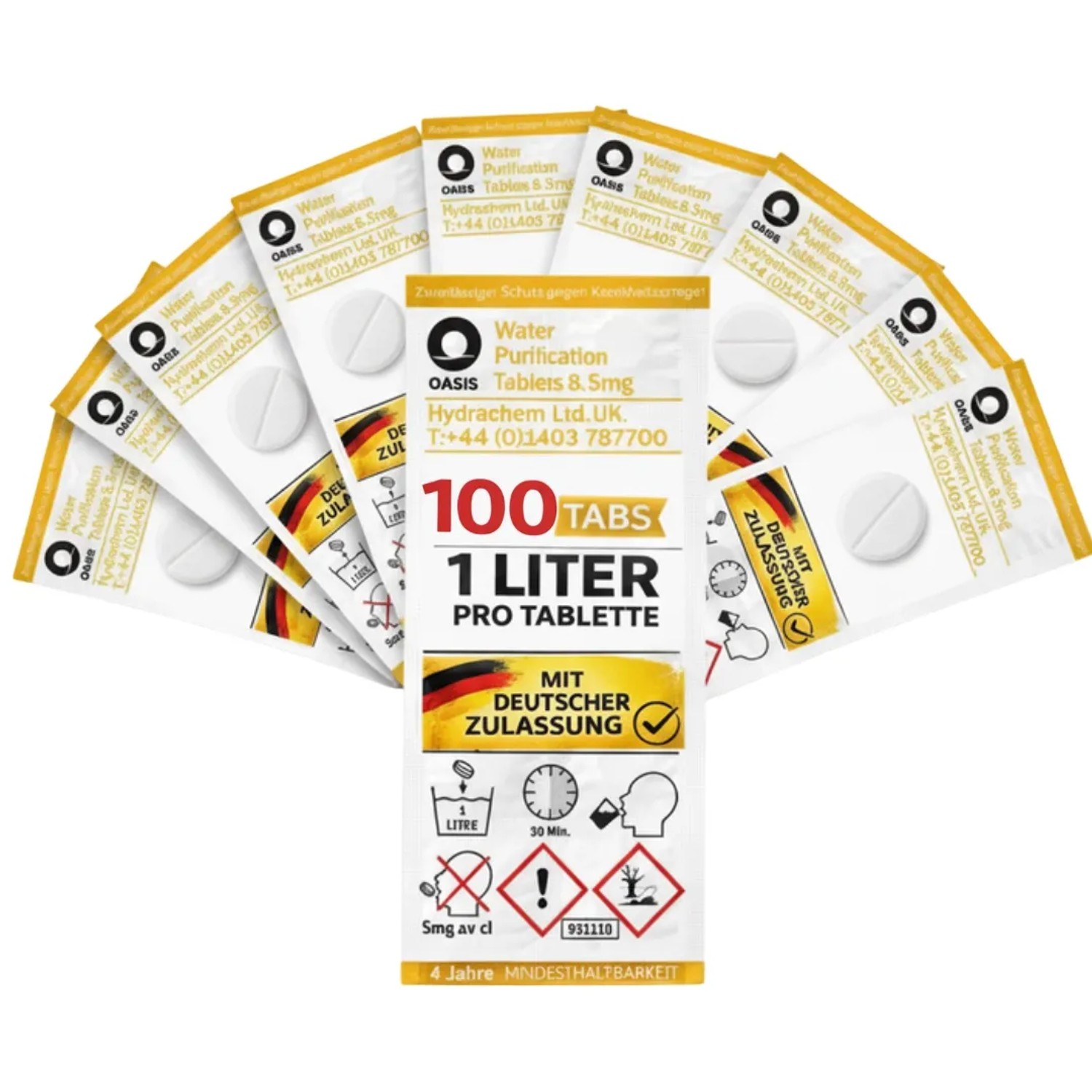 JUNG Oasis Wasseraufbereitung Tabletten 100x1L 8,5mg GE inkl. 10L Faltbarer Wasserkanister Camping Outdoor Trinkwasser Entkeimung Wasserfilter
