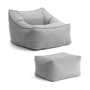 Grauer mokebo Cord Sitzsack Sessel mit Hocker. Bequemer XXL Sessel für Wohnzimmer und Jugendzimmer.