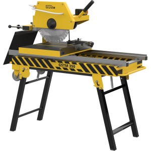 Güde Steintrennmaschine GSTM 350 in Gelb-Schwarz mit Diamanttrennscheibe und klappbarem Untergestell.