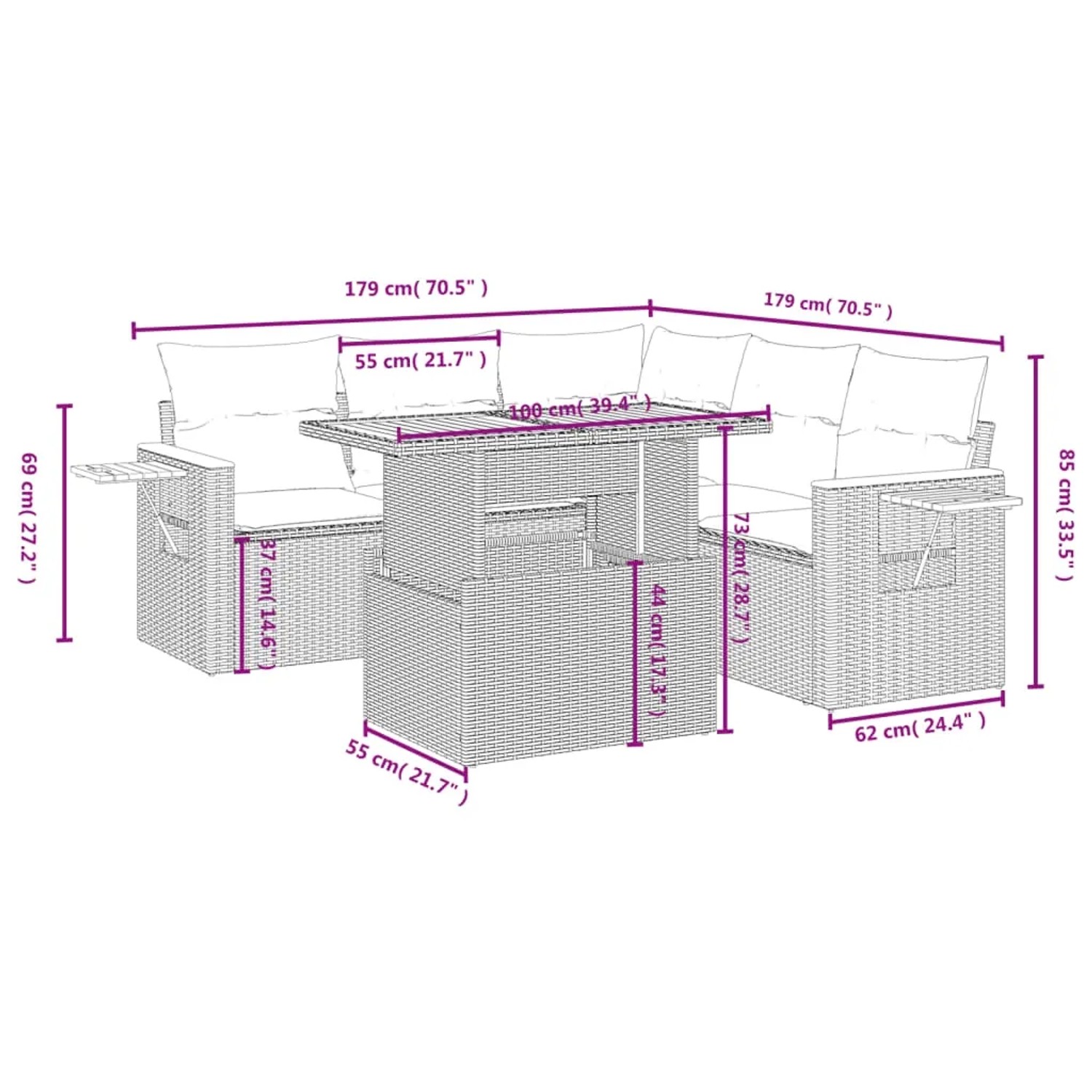 vidaXL 6-tlg. Garten-Sofagarnitur mit Kissen, schwarzes Poly Rattan, Maße