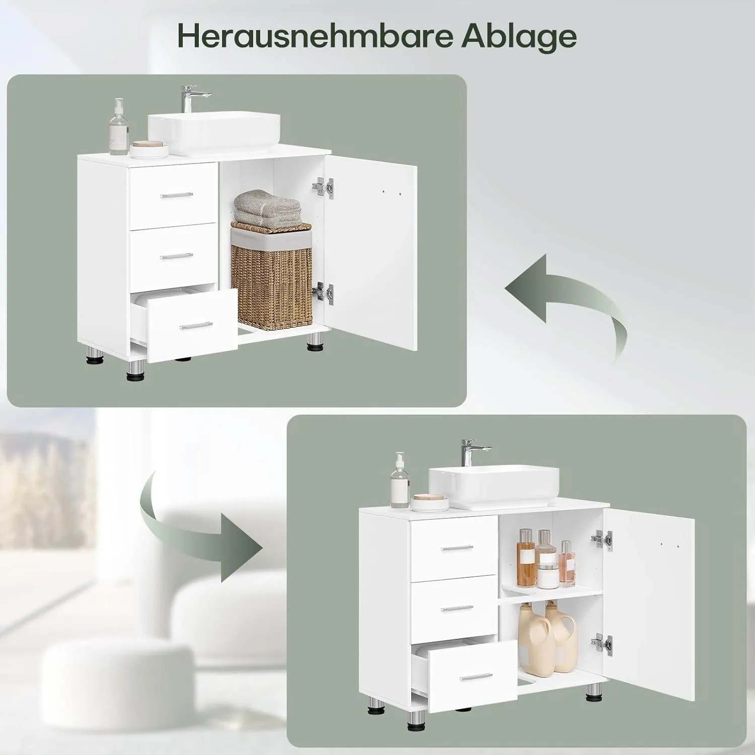 Weißer EUGAD Waschbeckenunterschrank mit 3 Schubladen und Tür, die flexible Ablagemöglichkeiten für Badutensilien zeigt.