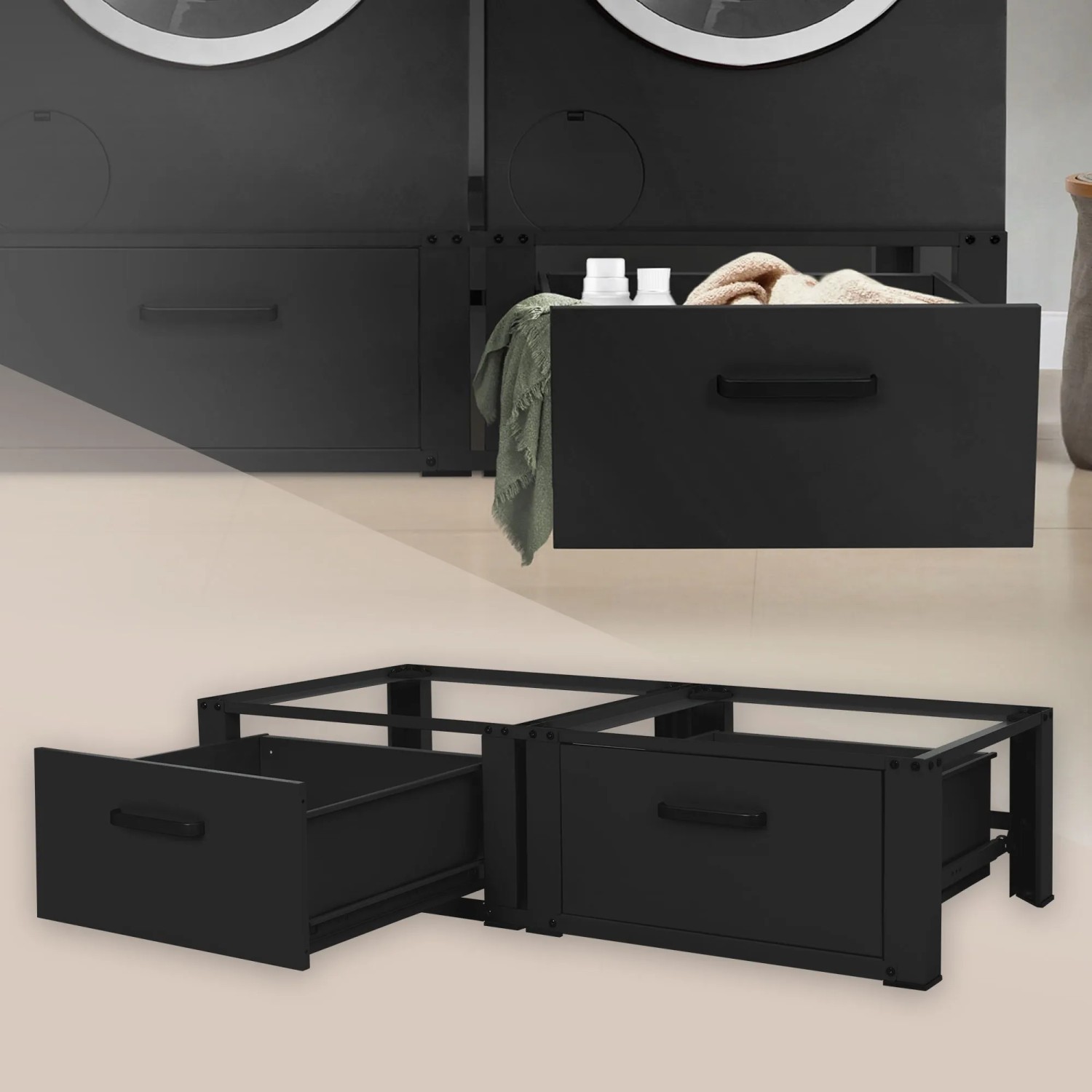 ML-Design Waschmaschinen Untergestell Doppel, schwarz, mit Schubladen für mehr Stauraum.