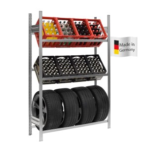Verzinktes PROREGAL Getränkekisten- & Reifenregal Chiemsee Tire mit 6 Kisten und 4 Reifen.