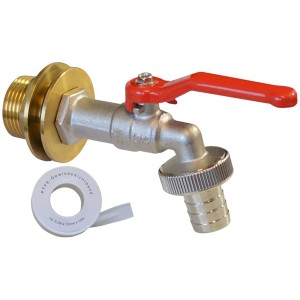 Regentonnen Auslaufset aus Messing mit rotem Griff und Gewindedichtband.