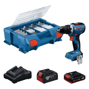 Bosch Professional Akku-Bohrschrauber GSR 18V-65 Set: blauer Bohrschrauber, L-Boxx, Ladegerät, 2 Akkus.
