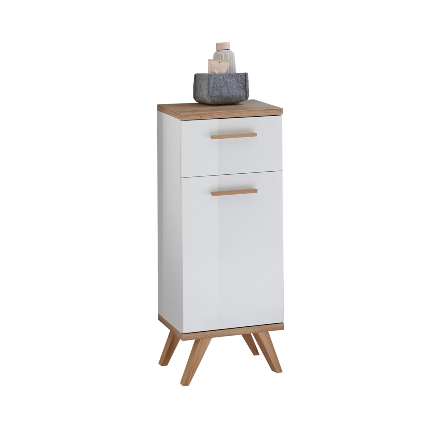 Pelipal Quickset Badmöbel: Unterschrank in Weiß/Riviera Eiche mit Schublade und Tür.