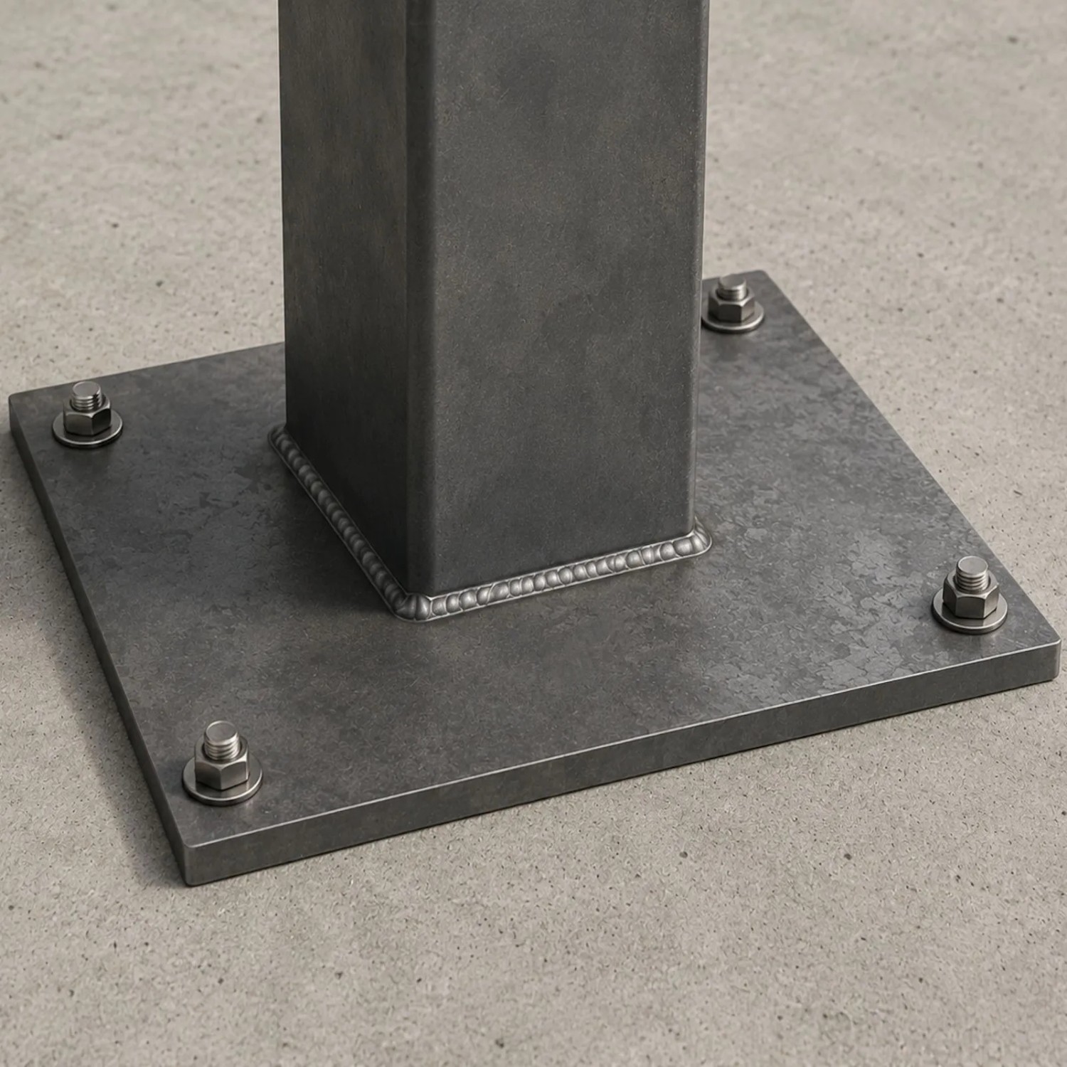 SOTECH Anschweißplatte, 150x150 mm, schwarzer Stahl, mit Pfosten verschweißt und auf Beton verschraubt. Für Pfostenträger.