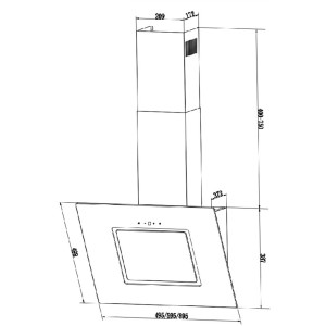 Skizze einer PKM Kopffreihaube S26-50 BTY mit Maßen. Wandhaube aus Stahlblech und Glas.