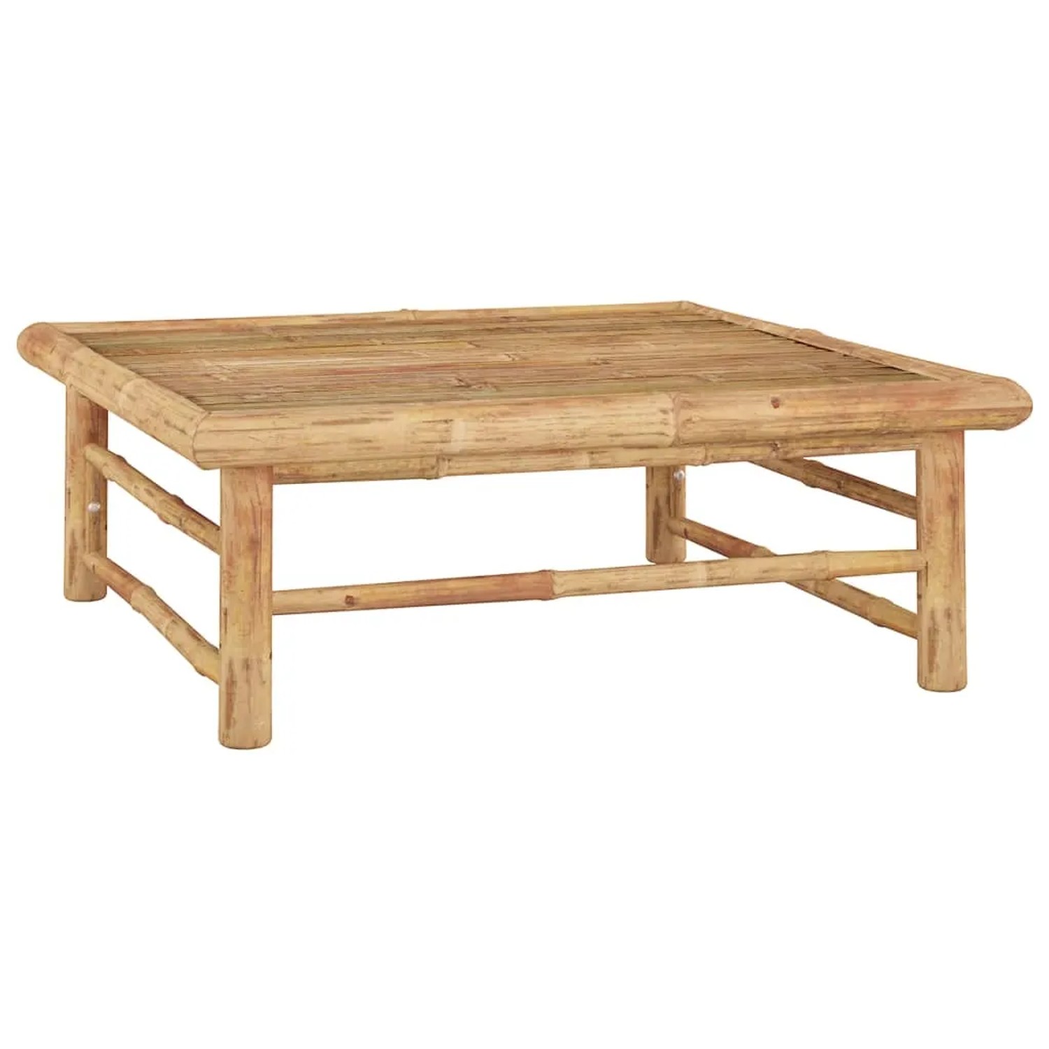 Quadratischer Tisch aus Bambus, Teil des 4-tlg. Garten Lounge Sets mit dunkelgrauen Kissen.