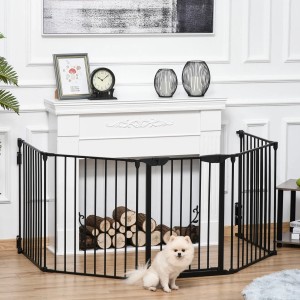 Schwarzes PawHut Absperrgitter aus Stahl und Kunststoff, als Raumteiler oder Hundeauslauf mit Hund.