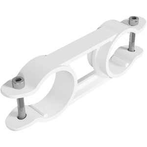 Weißer Schake Schnellverbinder für Bauzäune und Absperrsysteme.