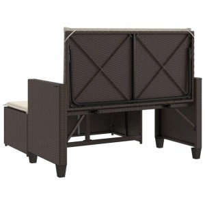 Braune VidaXL Gartenbank mit Kissen und Hocker aus Poly Rattan, Rückansicht.