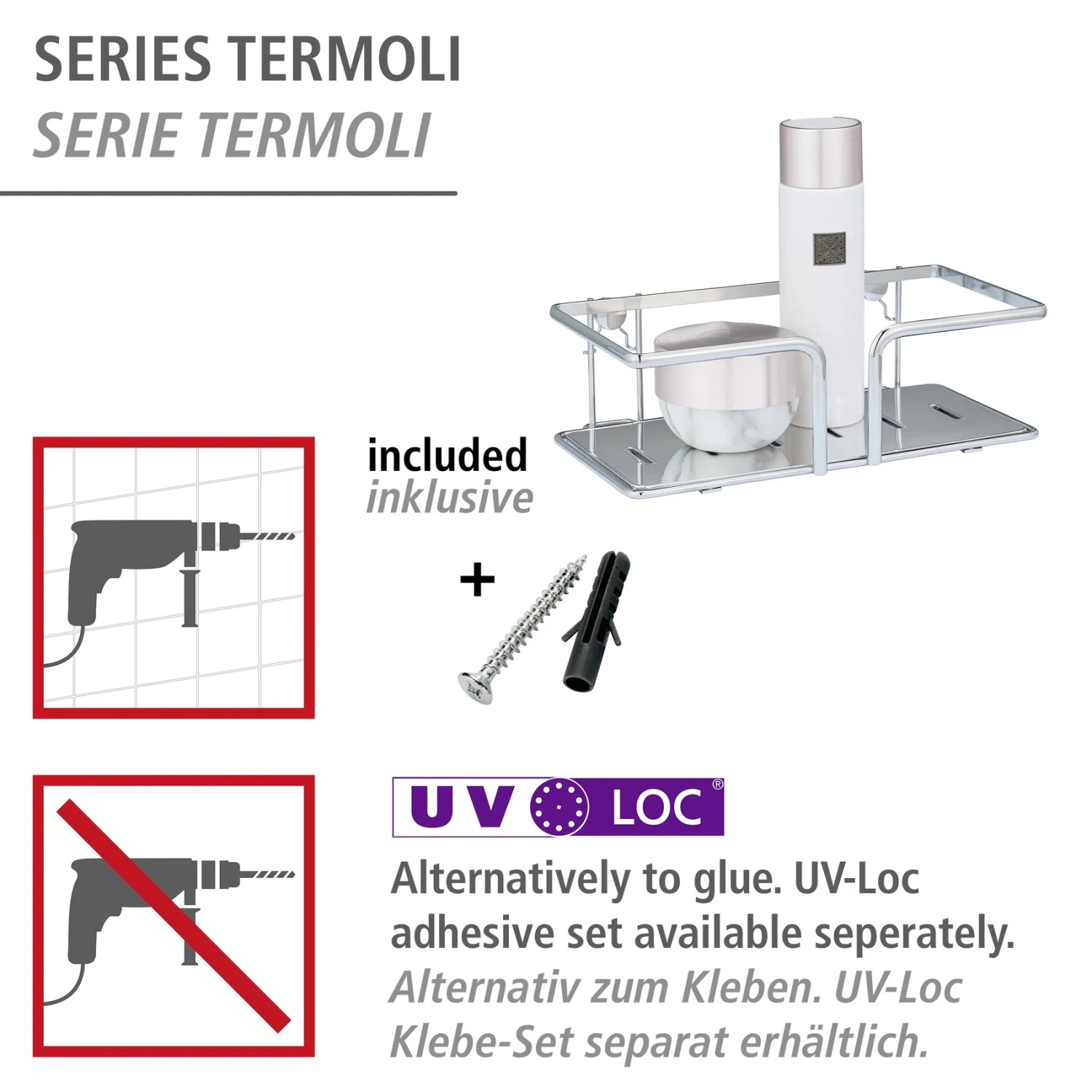 WENKO Wandablage Termoli aus Edelstahl mit Schrauben und Dübeln, geeignet für Bad und Dusche.