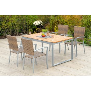 Merxx Savona Gartenmöbel-Set, 5-teilig mit Ausziehtisch und 4 Stapelsesseln aus Kunststoffgeflecht.