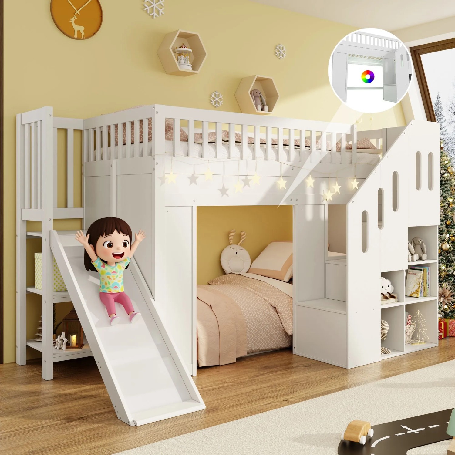 Merax Hochbett 90 x 200 cm mit Rutsche LED Stauraumtreppe Weiß
