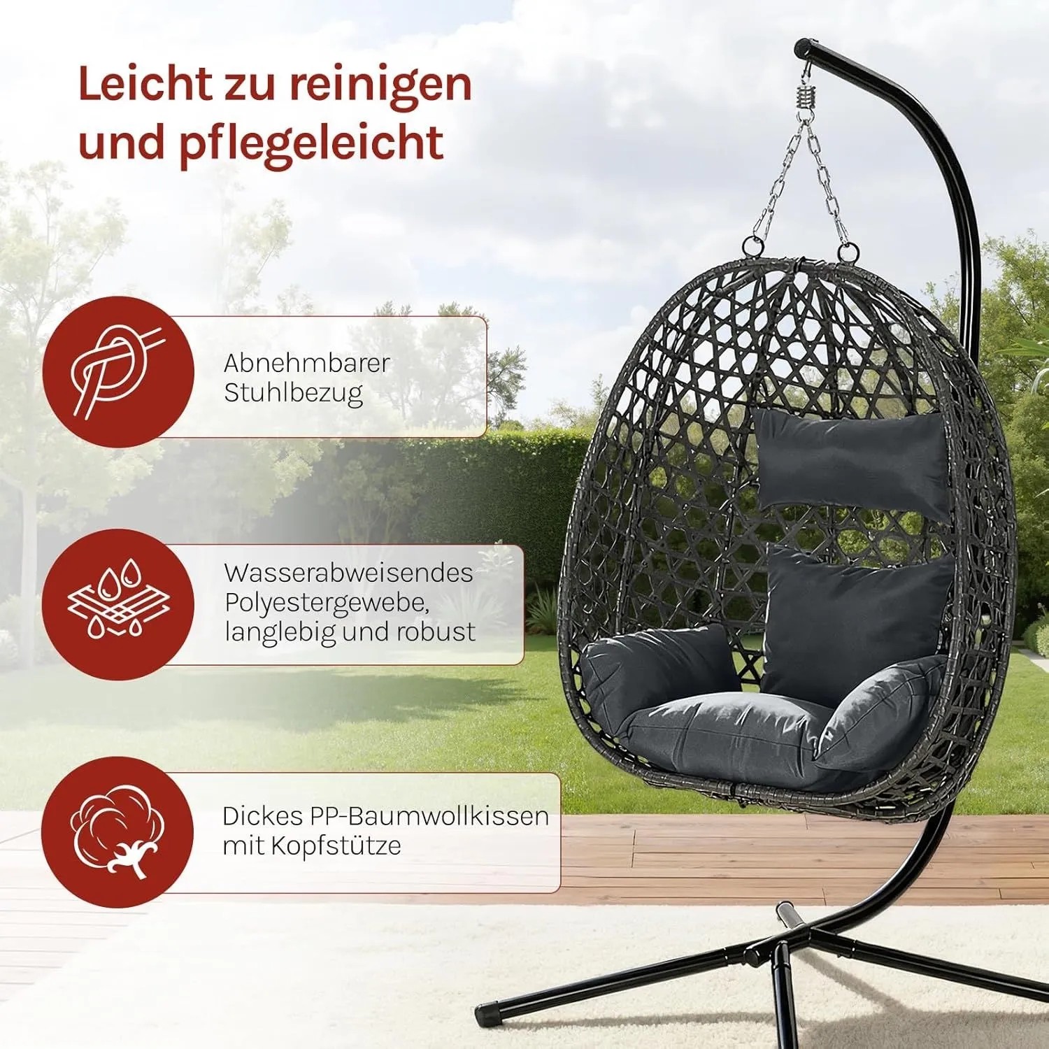 Schwarzer WOLTU Hängesessel mit Kissen und Kopfstütze auf stabilem Metallgestell im Garten. Belastbar bis 150kg.