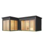 Modernes Lasita Holz-Gartenhaus Domeo 11, carbongrau lasiert, mit Flachdach und großen Glas-Schiebetüren.