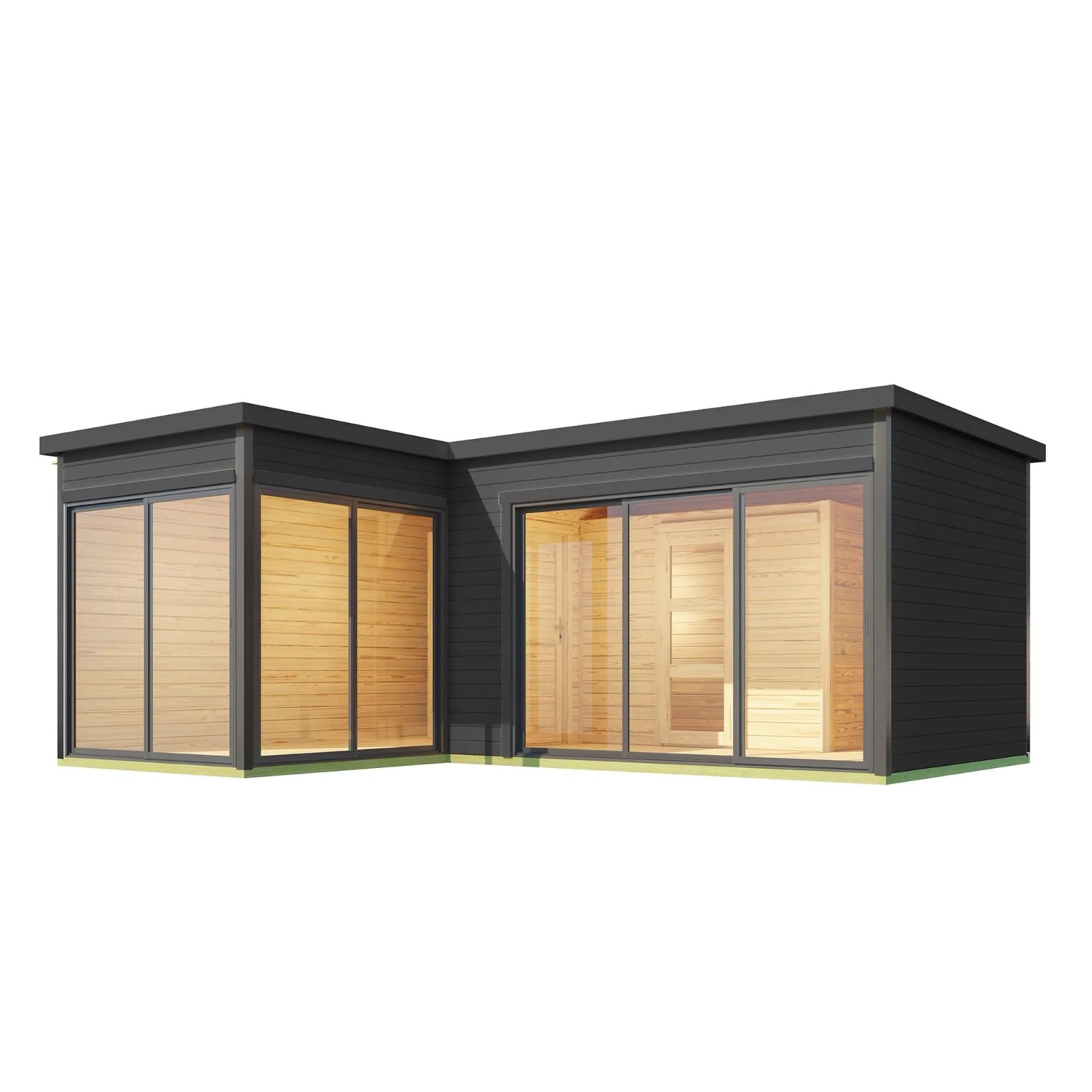 Modernes Lasita Holz-Gartenhaus Domeo 11, carbongrau lasiert, mit Flachdach und großen Glas-Schiebetüren.