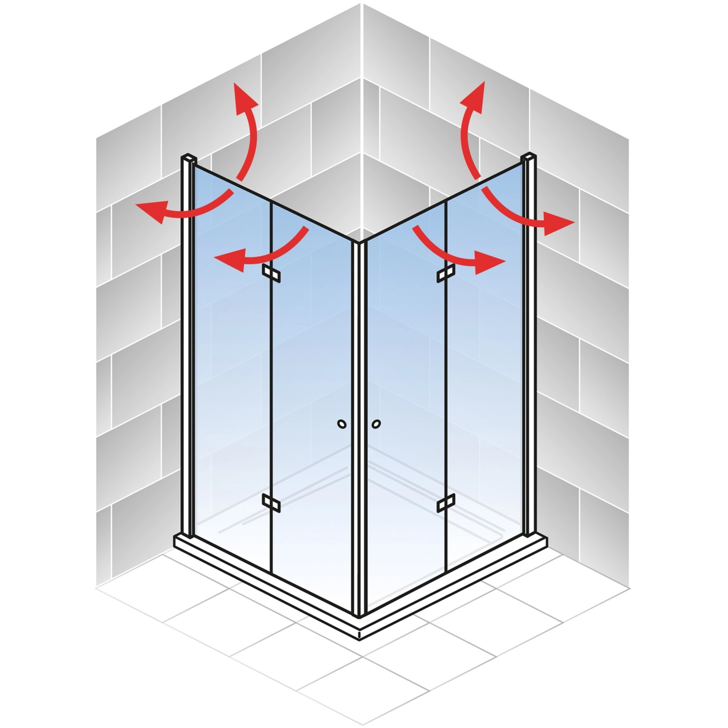 Schulte ExpressPlus Drehfalttür Eckeinstieg, mattschwarze Profile, Drehfunktion mit roten Pfeilen dargestellt.