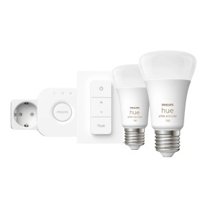 Philips Hue Starter-Set mit 2 E27 Leuchtmitteln, Dimmer und Hue Bridge für smarte Beleuchtung.