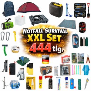 JUNG BLACKOUTPro Notfall Survival Kit, 444-teilig, mit Zelt, Rucksack, Gaskocher, Wasserfilter, Werkzeug für Camping & Krisen.