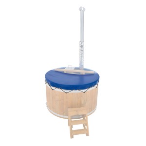 Blaues Finntherm PVC-Abdeckung für ein Badefass Oslo, schützt vor Schmutz.