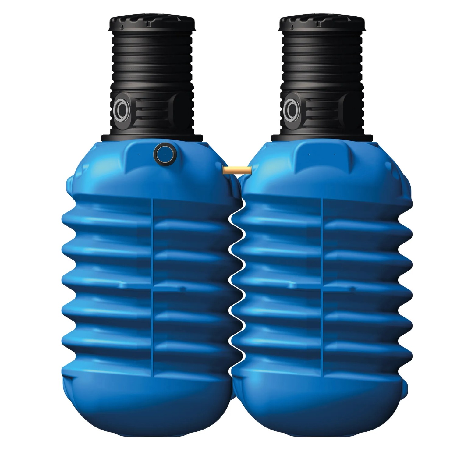 4rain Erdtank Modularis 5.000 l: Zwei blaue Erdtanks mit schwarzer Schachtverlängerung verbunden.