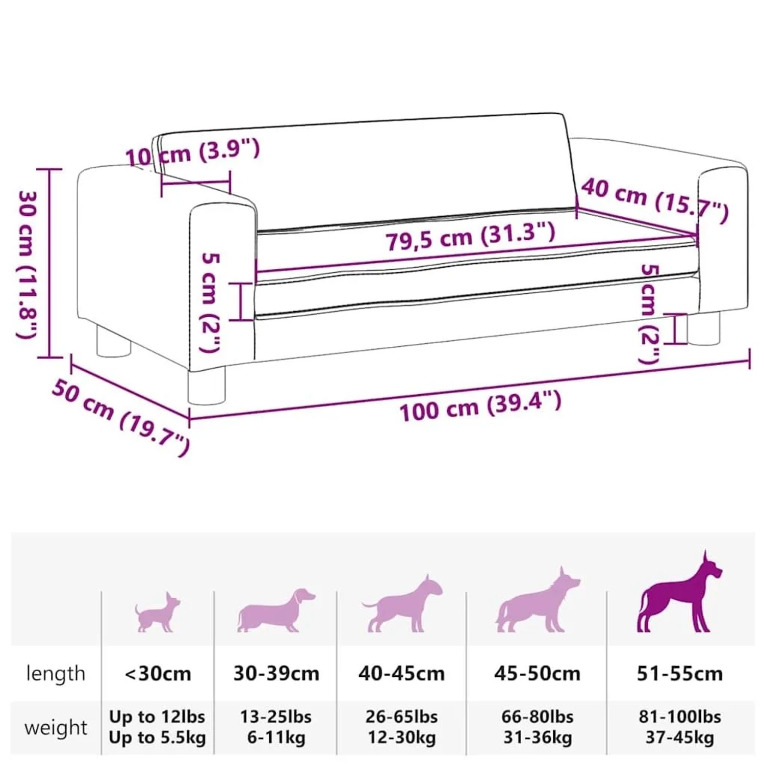Maßzeichnung des vidaXL Hundebetts mit Verlängerung, blau, 100x50x30 cm, zeigt alle Abmessungen und Größenempfehlungen für Hunde.