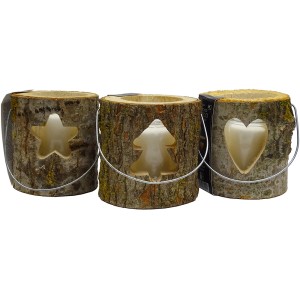 Windlicht Holzstamm mit Glas, 3-fach sortiert: Deko-Laterne mit Stern, Baum und Herz, ca. 15x13 cm.