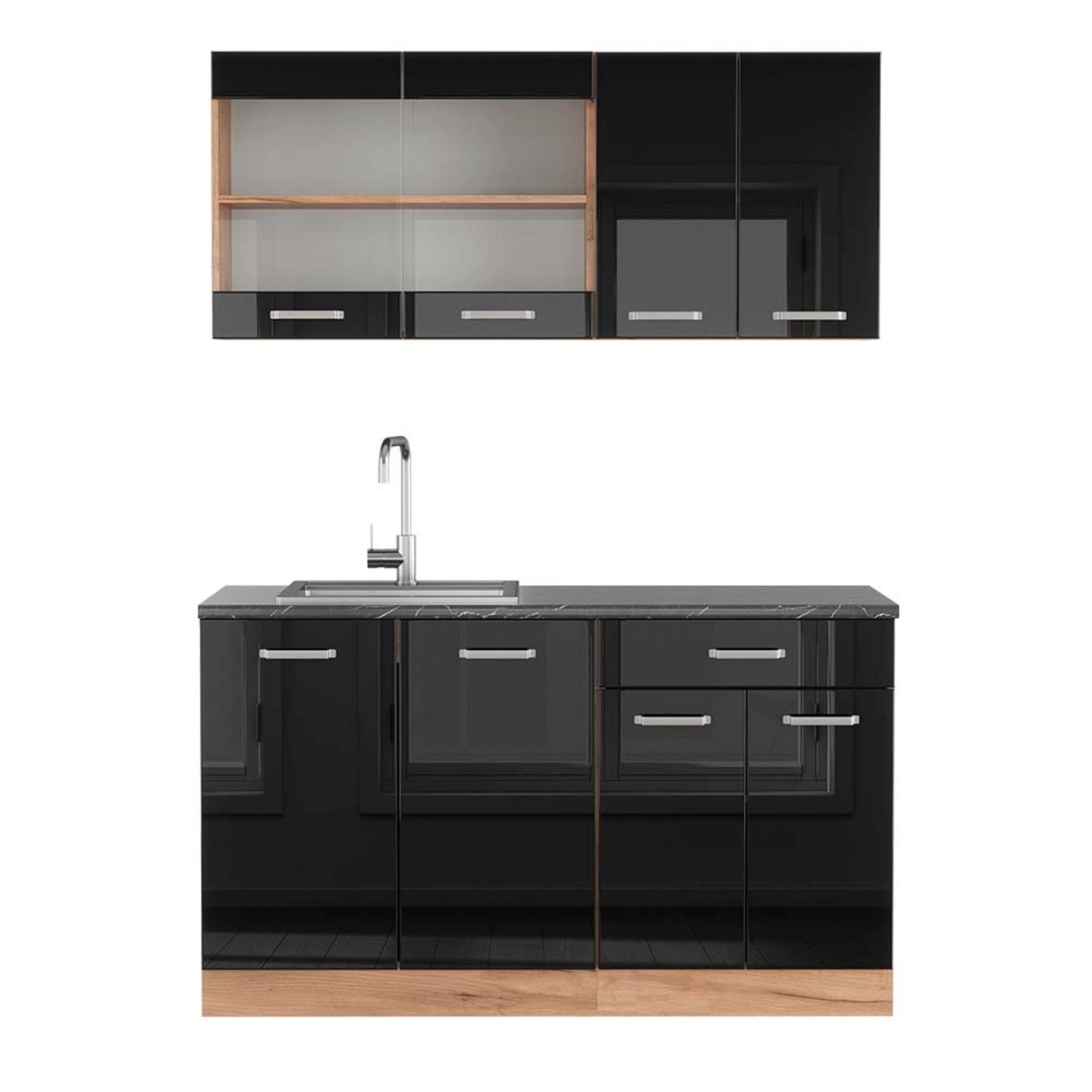 Vicco R-Line Singleküche Schwarz Hochglanz/Goldkraft Eiche 140 cm AP Anthra günstig online kaufen