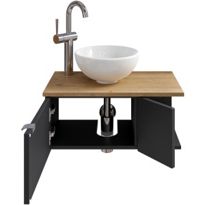 Pelipal Einzelwaschtisch 6915, 61 cm, Schwarz, mit Softclose: Waschbecken und Unterschrank mit geöffneten Türen.