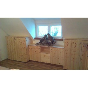 Raum mit Möbeln aus Fichte 3-Schicht-Platte, ideal für Innenausbau und Möbelbau.