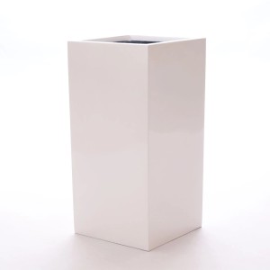 Eleganter, hochglanz-weißer Pflanzkübel Säule aus Fiberglas, 38x38x100cm, für Innen- und Außenbereich.