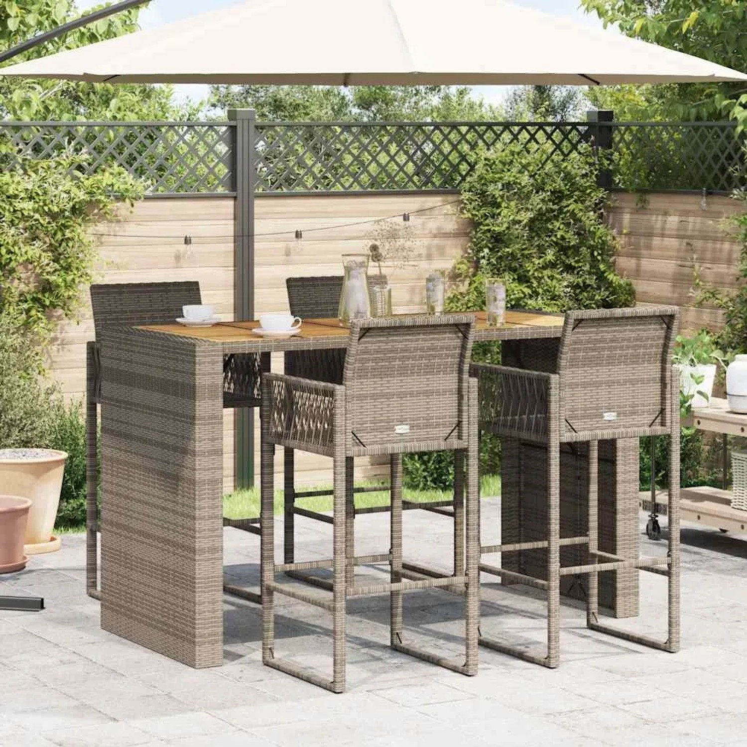 Graues 5-tlg. Gartenbar-Set aus Polyrattan und Akazie von vidaXL für Garten oder Terrasse.