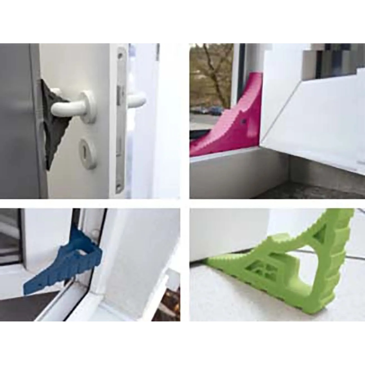 Verschiedene Ansichten des Schellenberg Fenster- und Türstoppers in Dunkelblau, Pink, Grün und Blau.