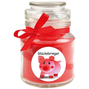 HS Candle Duftkerze Viel Glück Rose Rot im Glas mit Schweinchen-Motiv und roter Schleife.