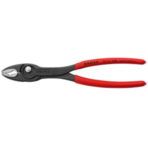 Knipex TwinGrip Frontgreifzange mit rotem Griff, Seitengreifer und Druckknopfverstellung.
