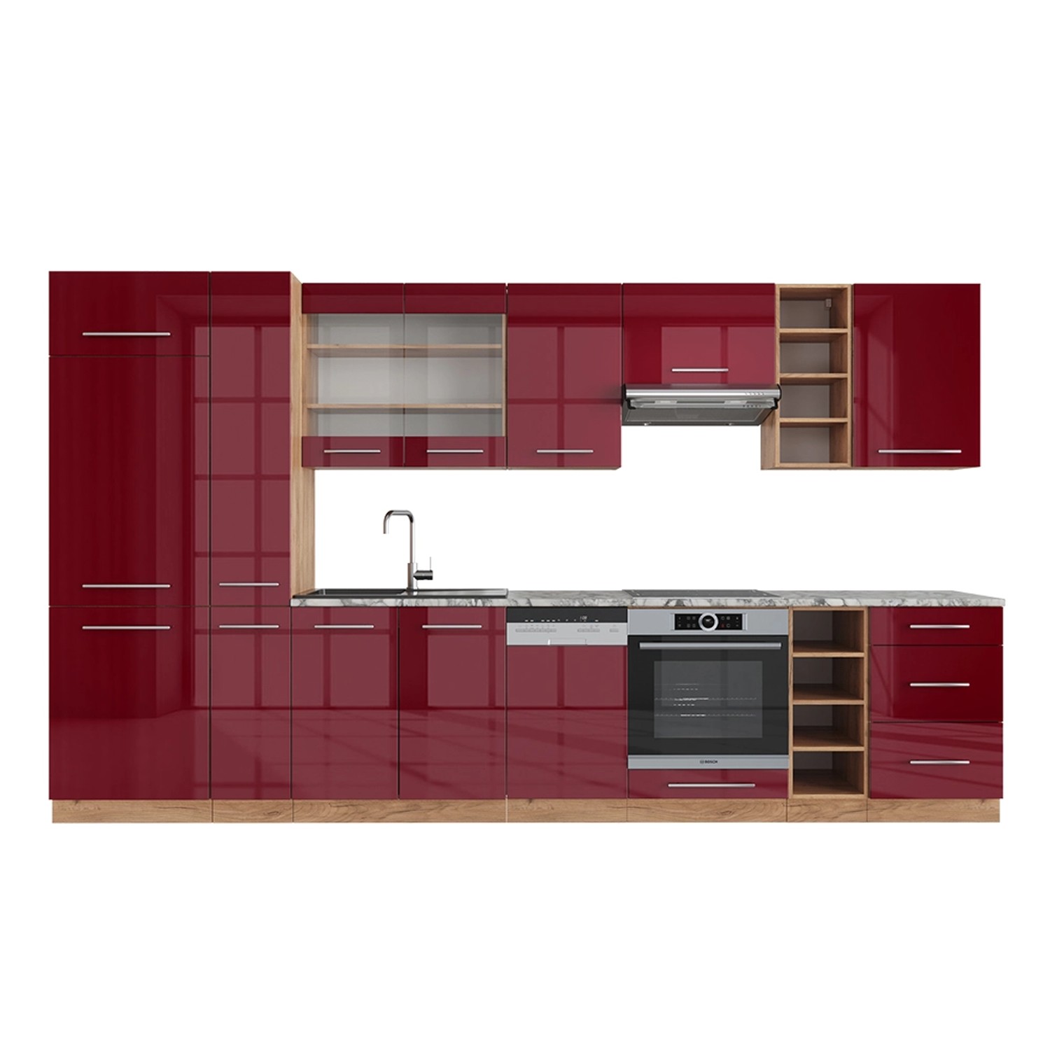Vicco Fame-Line Küchenzeile Bordeaux Hochglanz/Goldkraft Eiche 355 cm ohne günstig online kaufen