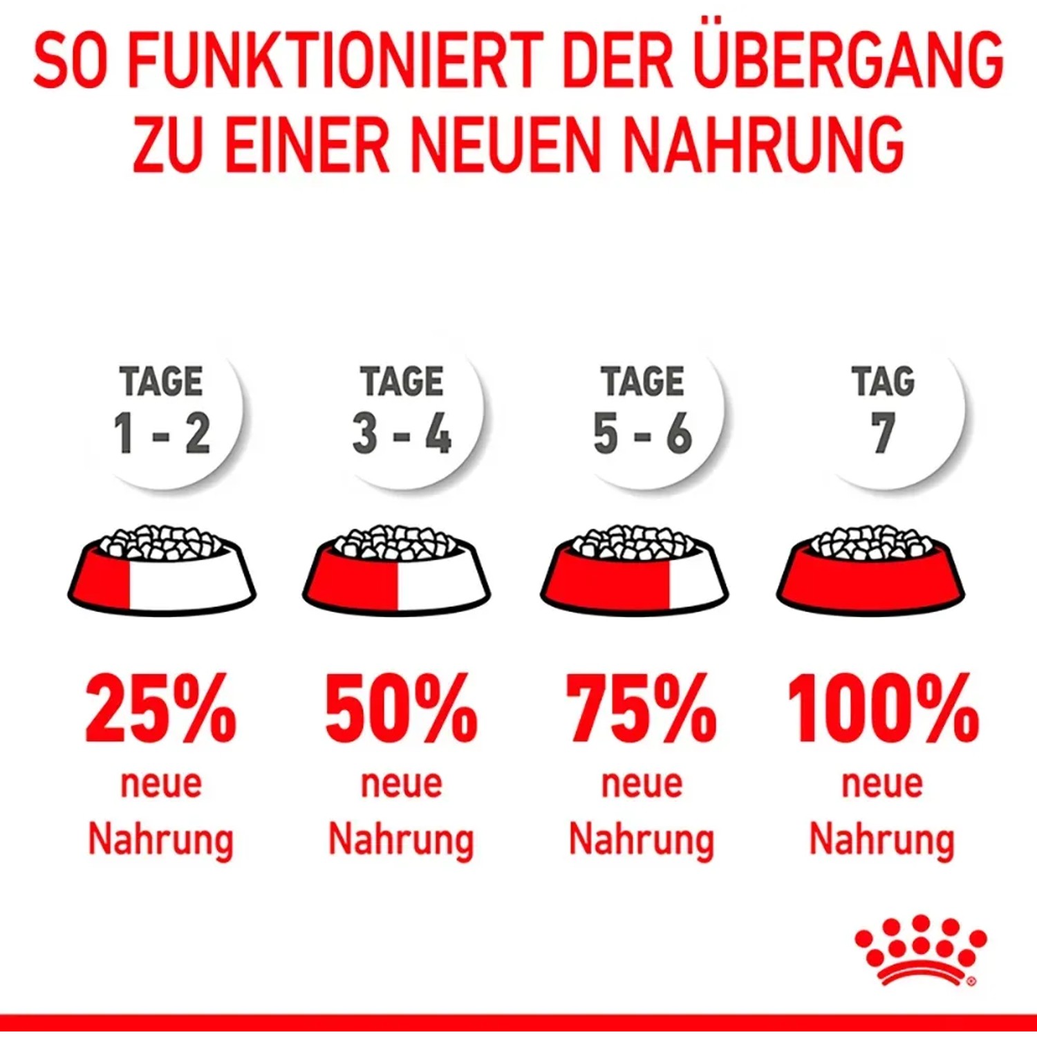 Grafik: Futterumstellung für Royal Canin Welpenfutter in 7 Tagen. Anleitung zur Umstellung auf neues Hundefutter.