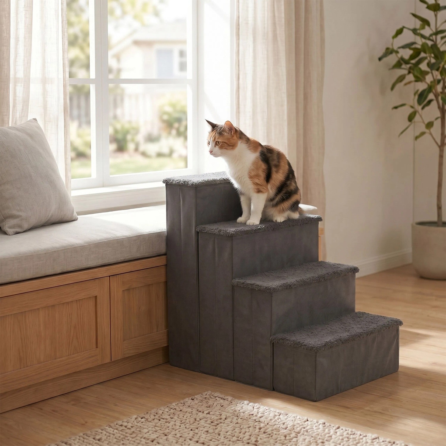 Graue faltbare Hundetreppe mit 4 Stufen. Eine Katze sitzt oben, Aufstiegshilfe für Haustiere.