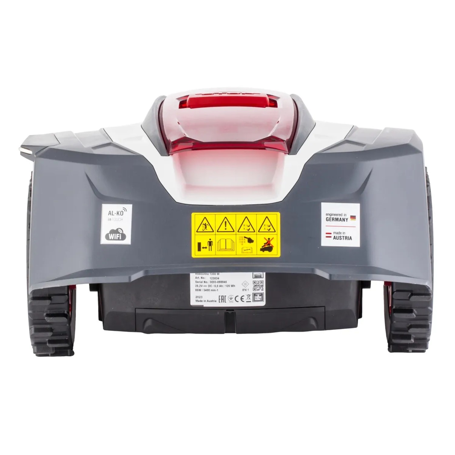 Al-Ko Robolinho 1.300 W Mähroboter, Rückansicht mit Sicherheitsaufklebern und Reifen.