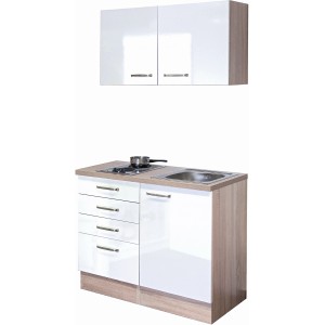 Flex-Well Miniküche Valero, 100cm, Weiß Hochglanz/Sonoma Eiche, mit Kochfeld und Spüle.